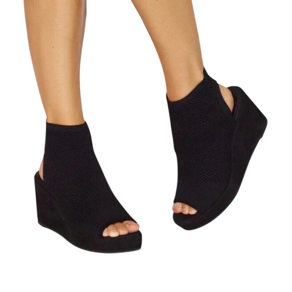 Eileen Fisher Warrick Black Stretch Knit Platform Wedge Sandals Size 6